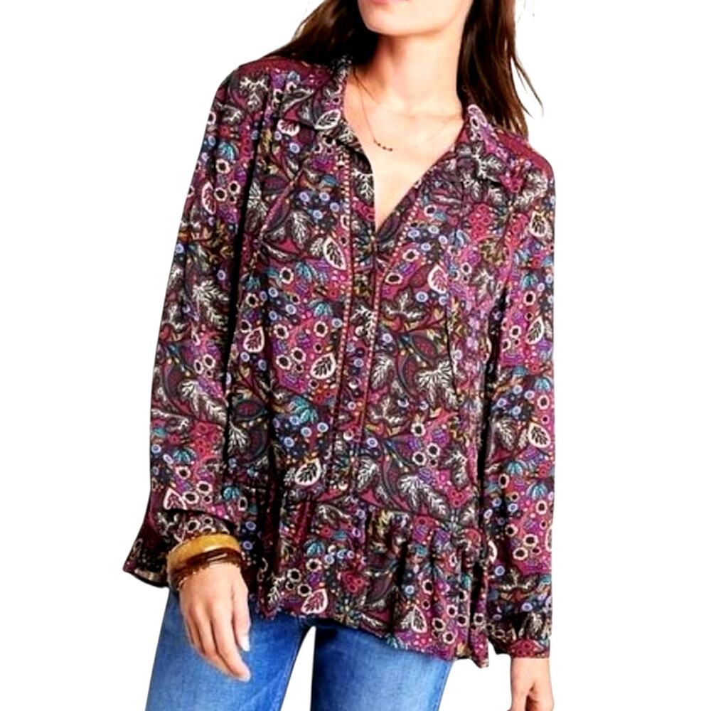 Anthropologie Maeve Janie Flounced Peasant Blouse Red Floral Paisley Women's 14